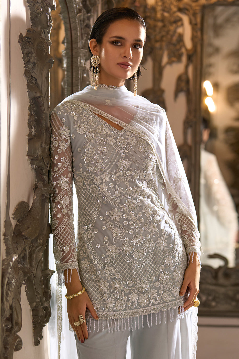 Ivory Silver Net Embroidered Suit