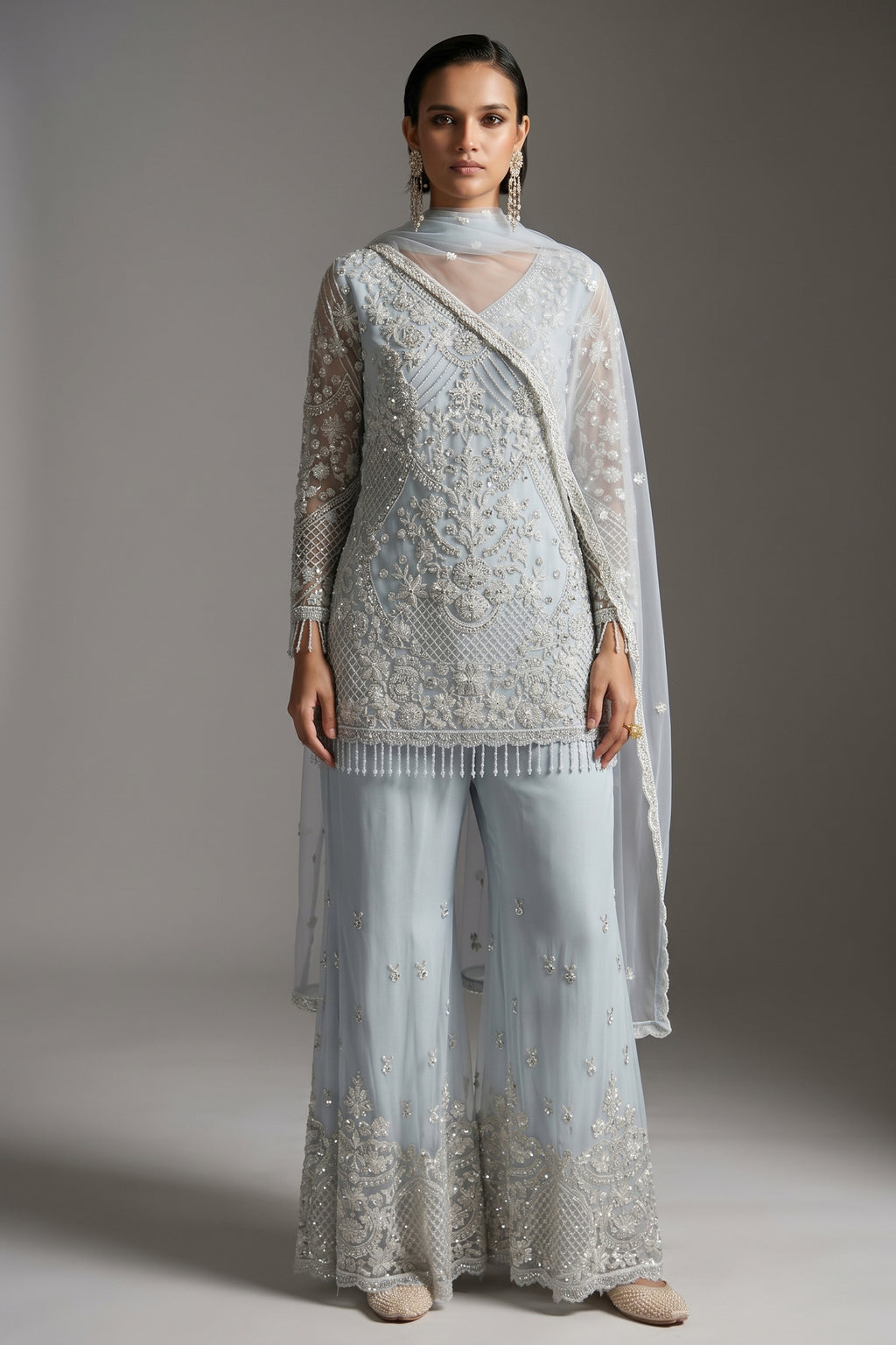 Ivory Silver Net Embroidered Suit