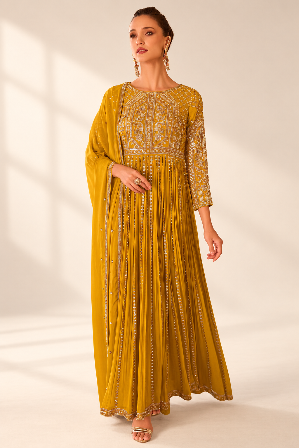 Mustard Gold Pleated Floor-Length Suit with Zardozi & Sequin Embellished Yoke Main image