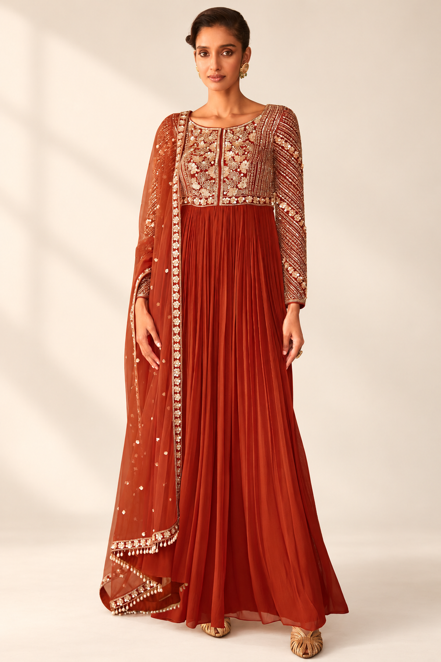 Rust Heavy Embroidered Floor-Length Anarkali Suit