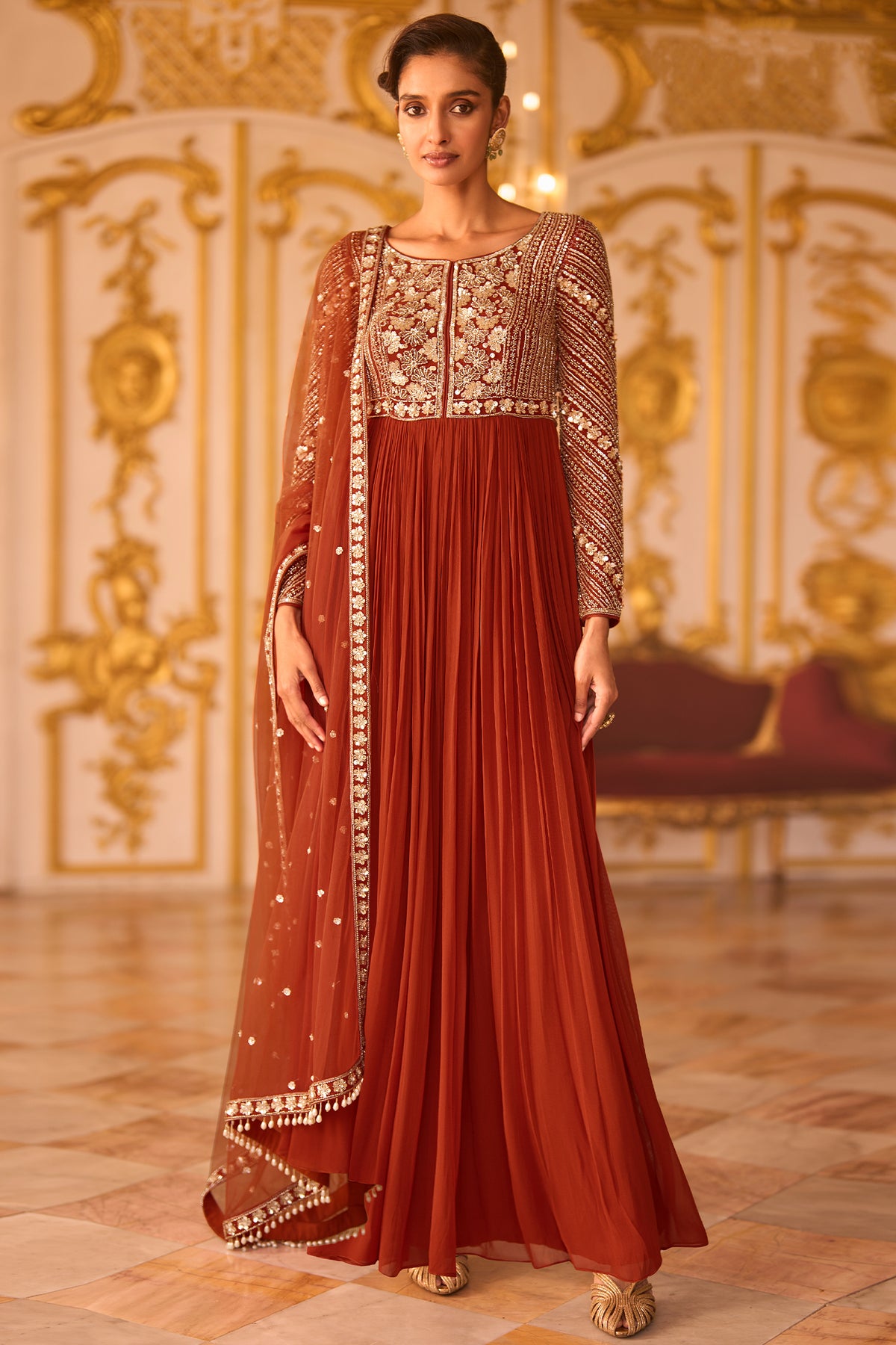 Rust Heavy Embroidered Floor-Length Anarkali Suit