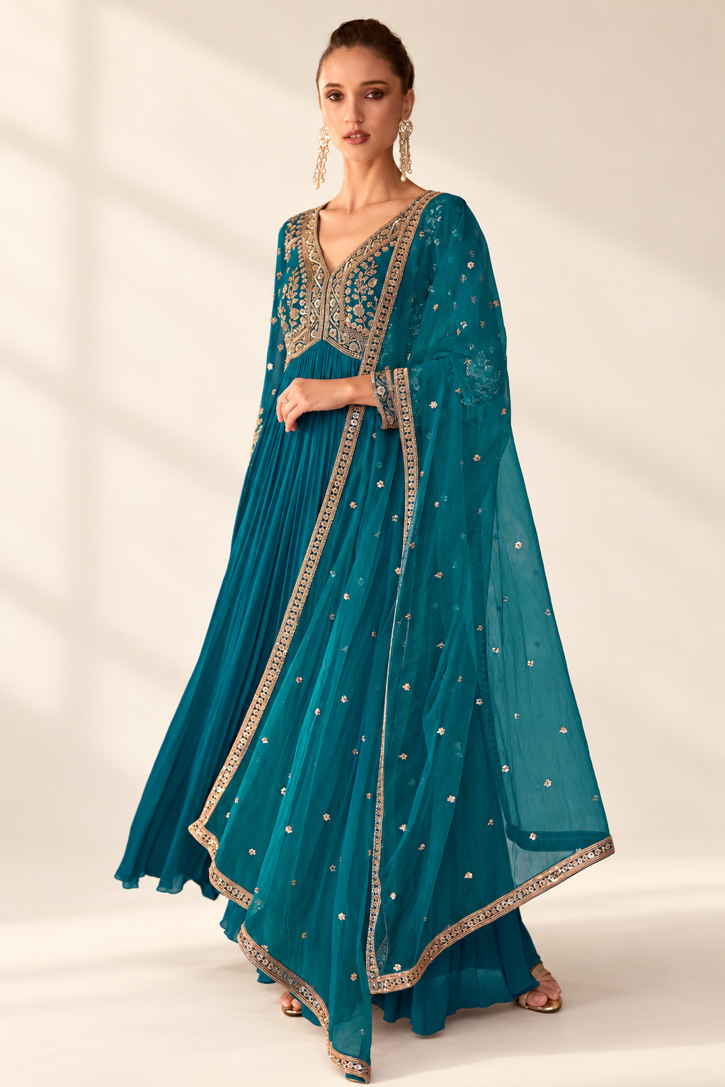 Ocean Jade Blue Flared Anarkali Suit with Embroidered Neckline
