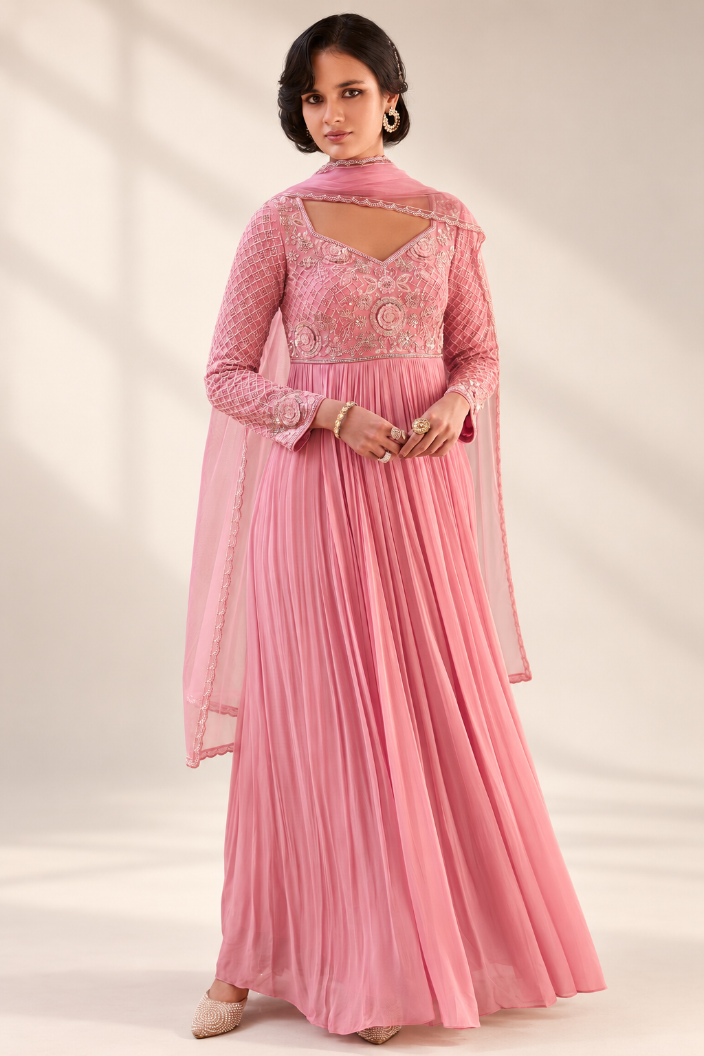 Soft Rose Pink Pleated Floor-Length Suit with Delicate Sequin Work Bodice