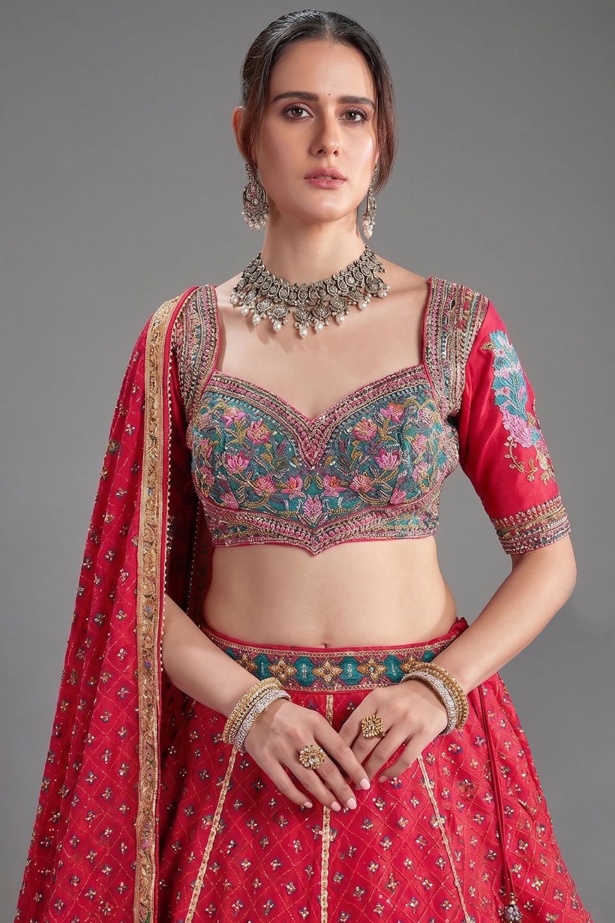 Pink Chiffon Silk Printed Lehenga with Sequins Work - pink silk saree