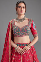 Pink Chiffon Silk Printed Lehenga with Sequins Work - pink silk saree