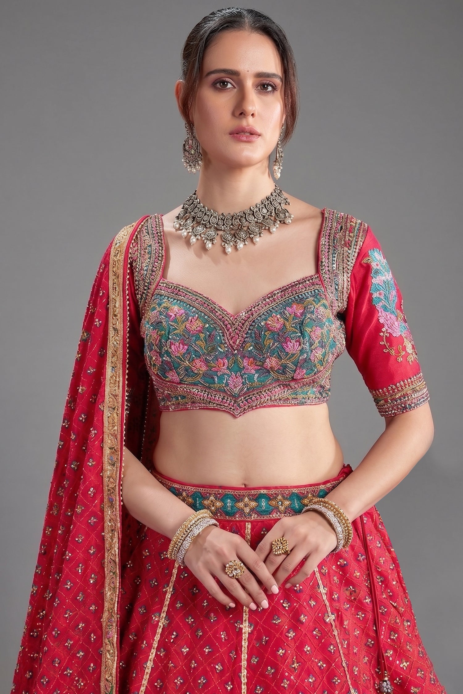 Pink Chiffon Silk Printed Lehenga with Sequins Work - pink silk saree