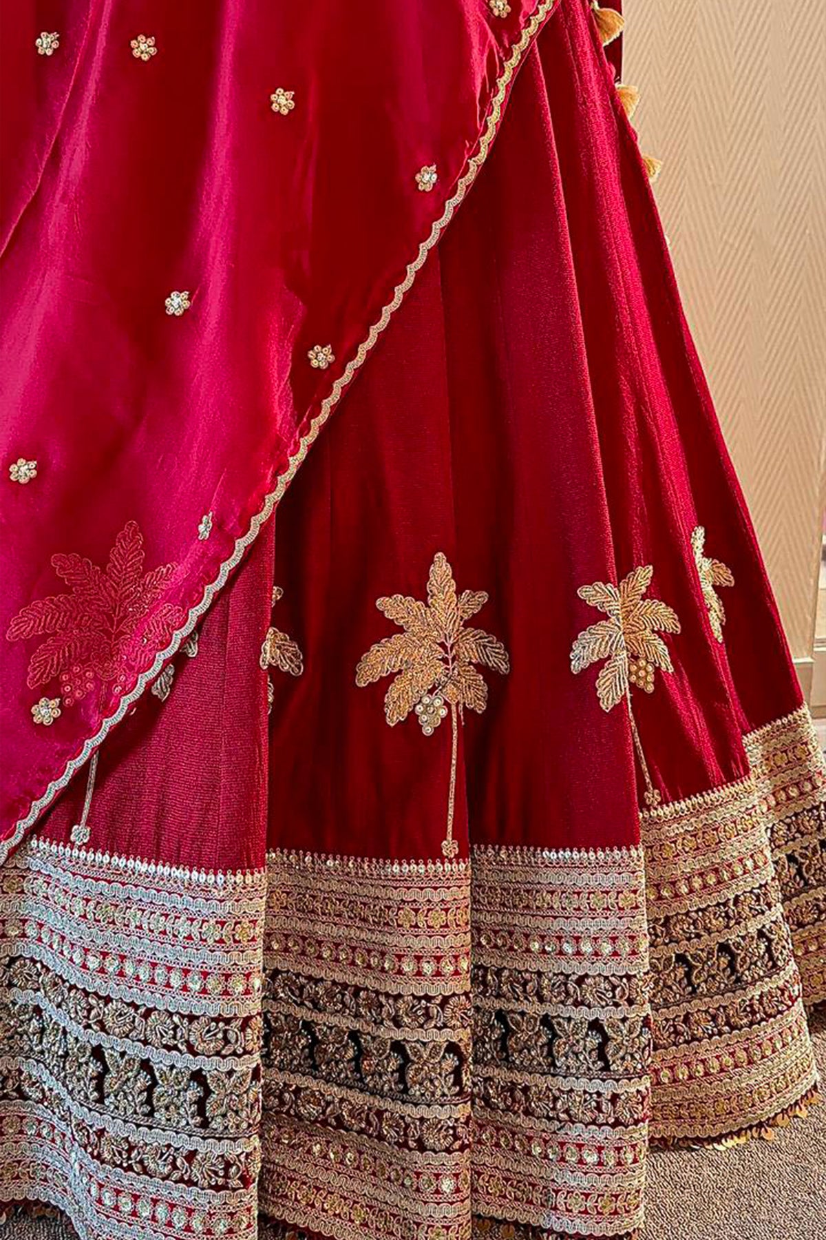 Designer Maroon Matka Silk Bridal Lehenga with matching organza dupatta