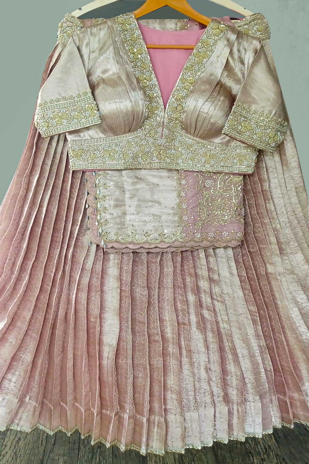 Pink Tissue Pleated Lehenga with Zardosi and Beads Work