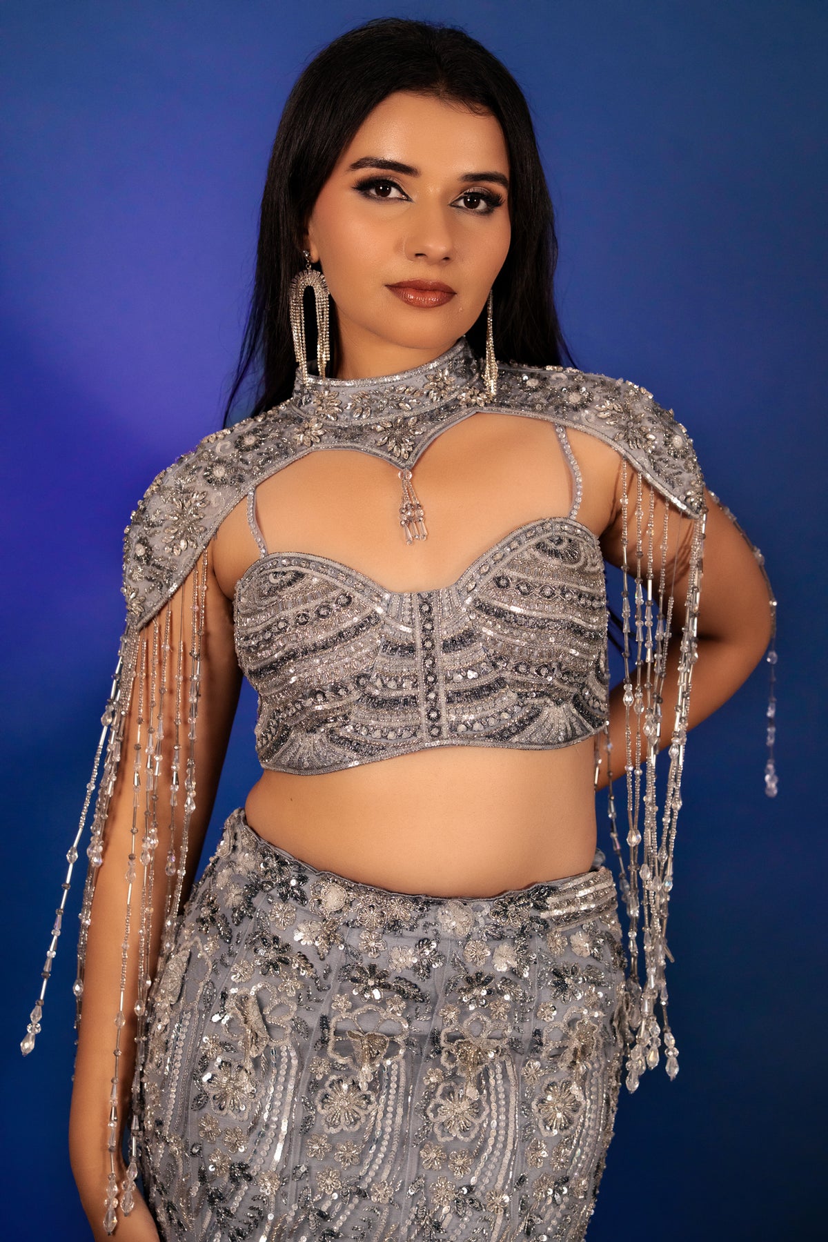 Powder Blue Net Fish Cut Designer Cutdana Sequin Worked Lehenga with Embellished Cape Blouse - blue net saree