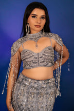 Powder Blue Net Fish Cut Designer Cutdana Sequin Worked Lehenga with Embellished Cape Blouse - blue net saree