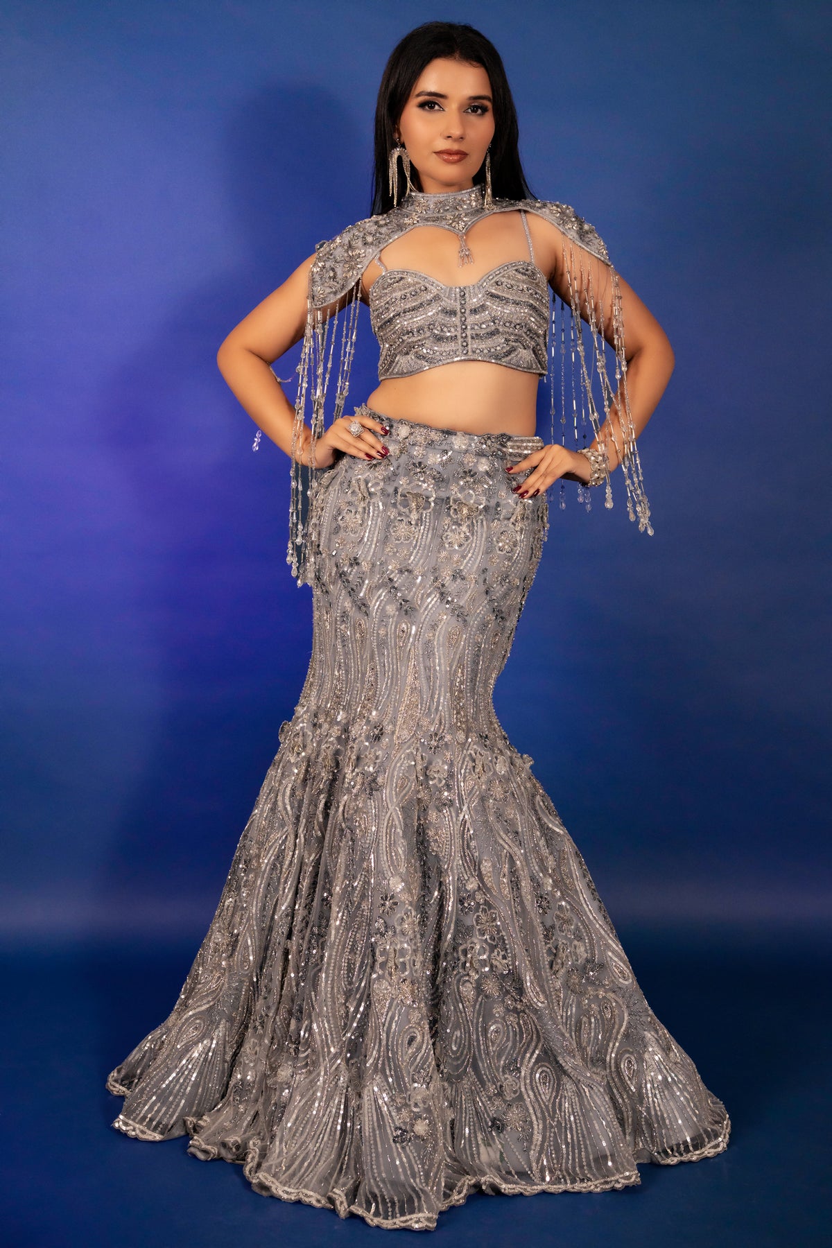 Powder Blue Net Fish Cut Designer Cutdana Sequin Worked Lehenga with Embellished Cape Blouse - blue net saree
