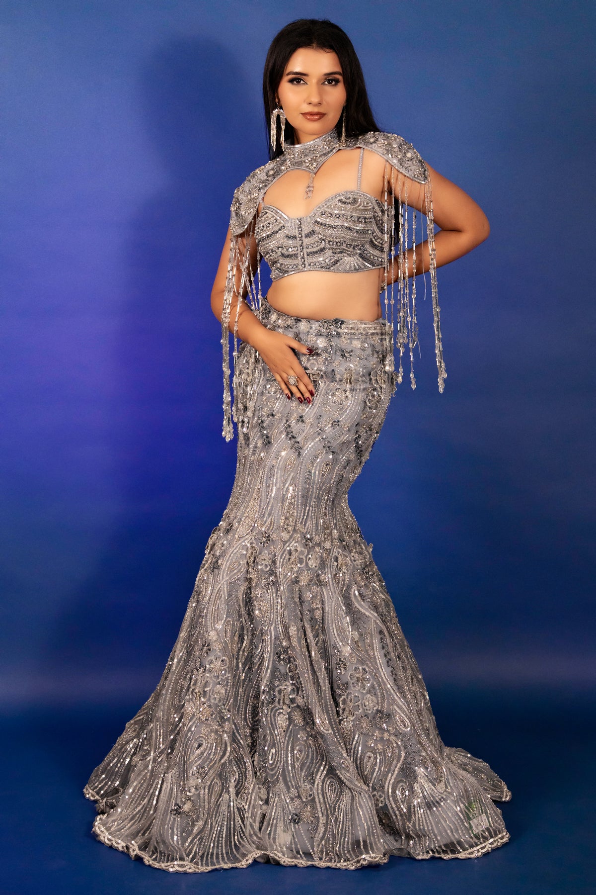 Powder Blue Net Fish Cut Designer Cutdana Sequin Worked Lehenga with Embellished Cape Blouse - blue net saree