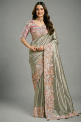 Sea Green Tissue Saree with Embroidery