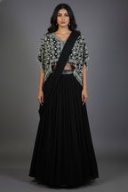 Black Chinon Silk Pre Drape Lehenga Saree with Sequin Cutdana Worked Poncho Cape - black silk saree
