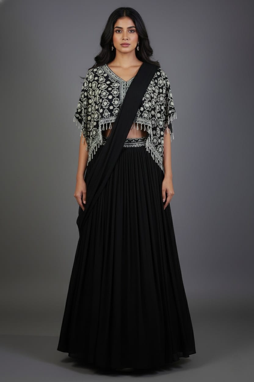 Black Chinon Silk Pre Drape Lehenga Saree with Sequin Cutdana Worked Poncho Cape - black silk saree