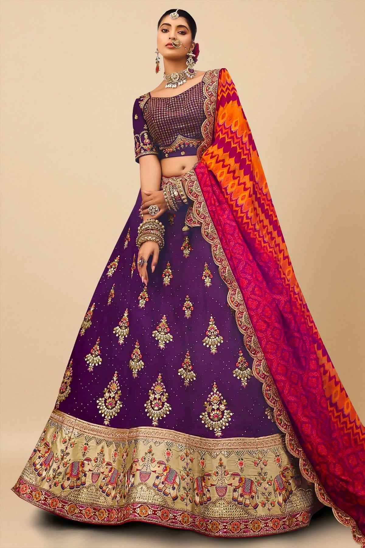 Purple Embroidered Butta Lehenga in Viscose with Elephant Motifs On Golden Border - red viscose saree embroidered