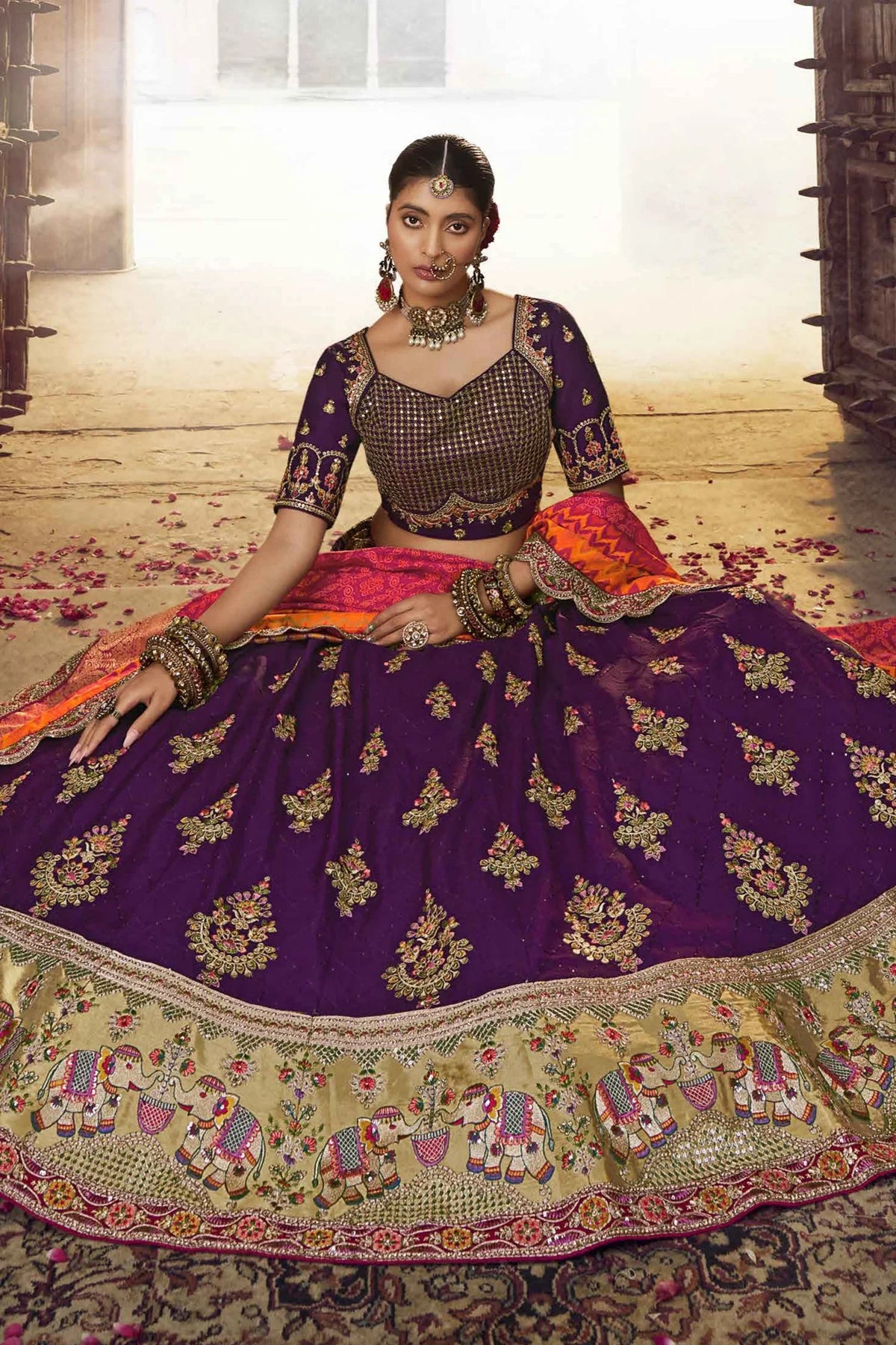 Purple Embroidered Butta Lehenga in Viscose with Elephant Motifs On Golden Border - red viscose saree embroidered