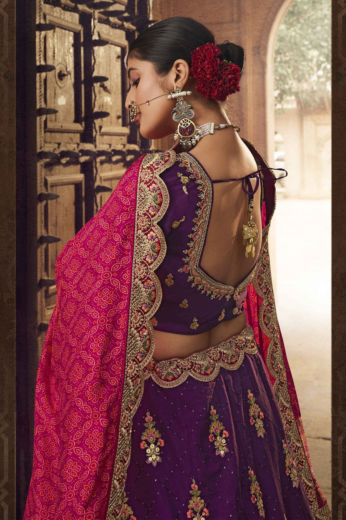 Purple Embroidered Butta Lehenga in Viscose with Elephant Motifs On Golden Border - red viscose saree embroidered