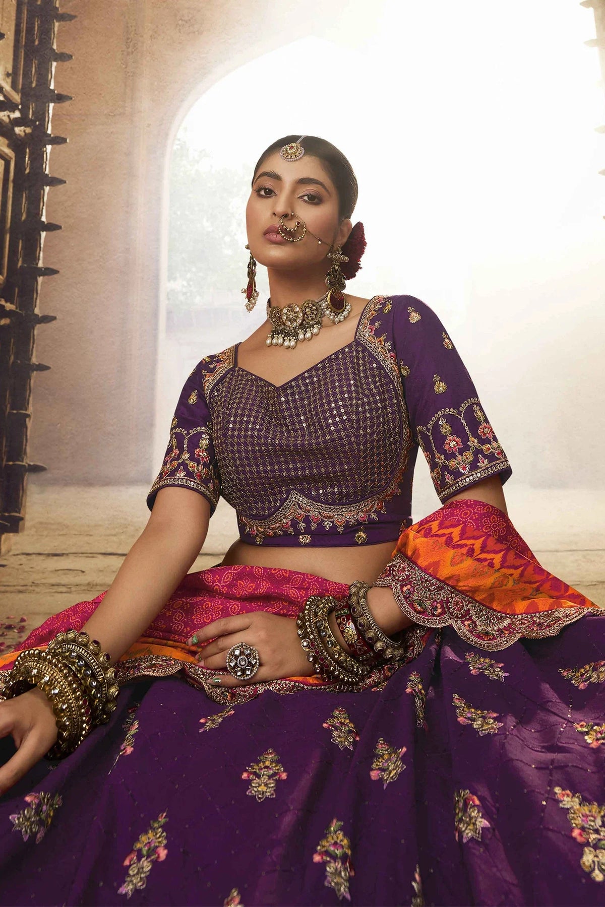 Purple Embroidered Butta Lehenga in Viscose with Elephant Motifs On Golden Border - red viscose saree embroidered