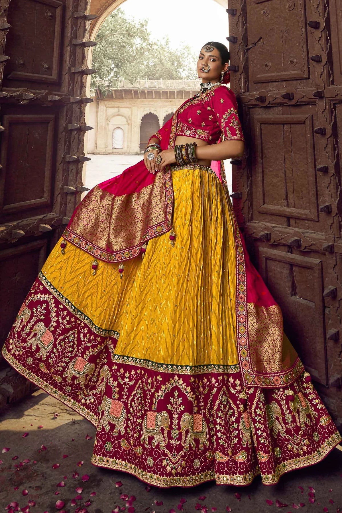 Mustard Woven Chevron Design Lehenga in Viscose with Elephant Motifs On Contrast Border - mustard viscose saree