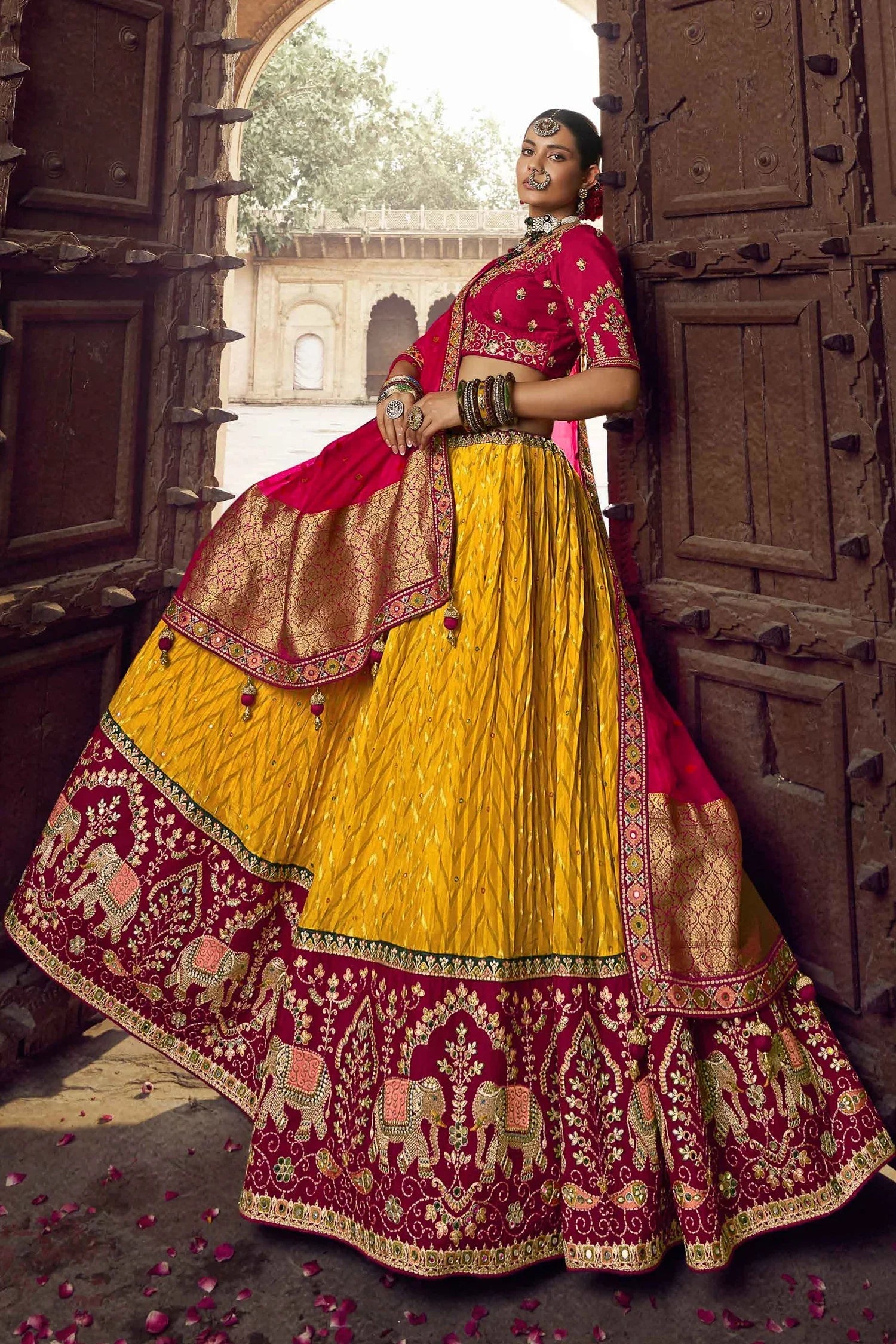 Mustard Woven Chevron Design Lehenga in Viscose with Elephant Motifs On Contrast Border - mustard viscose saree