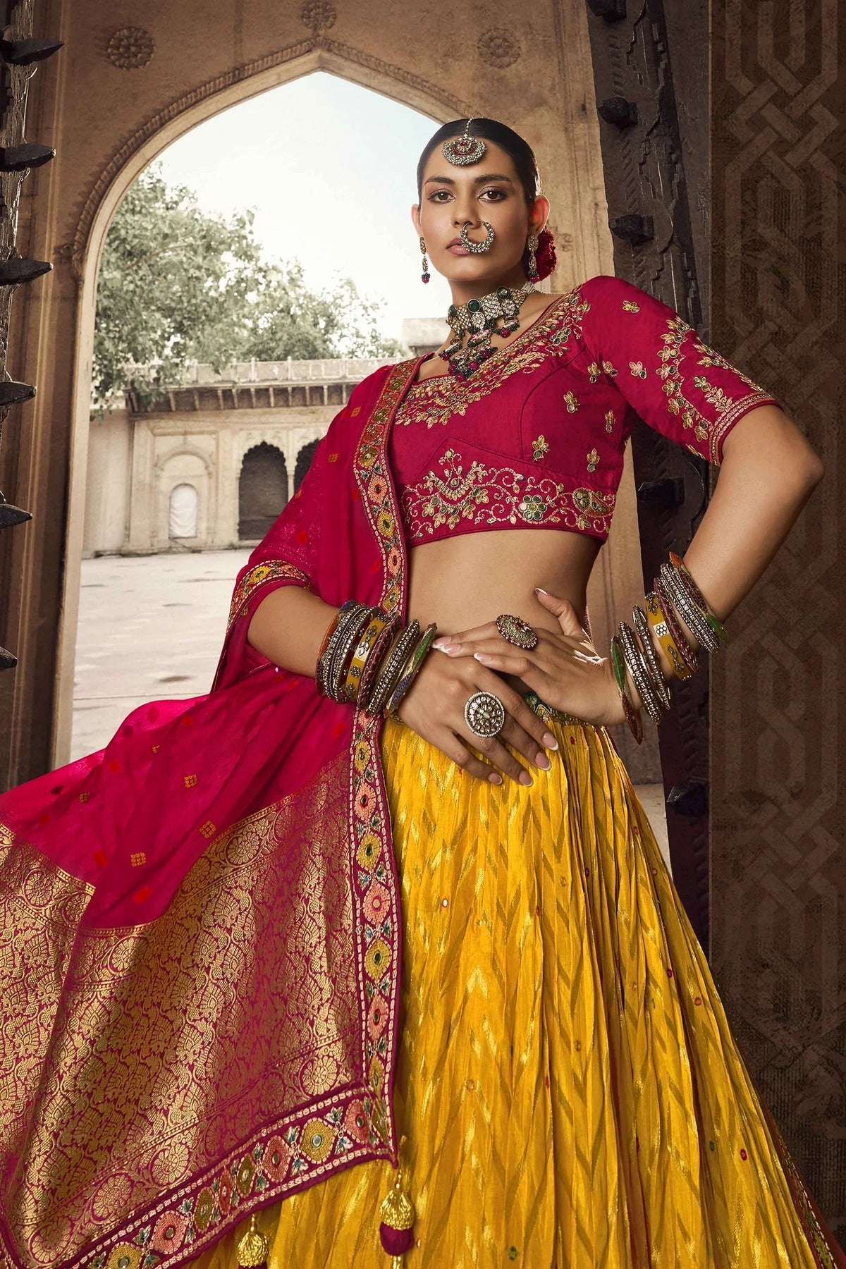 Mustard Woven Chevron Design Lehenga in Viscose with Elephant Motifs On Contrast Border - mustard viscose saree