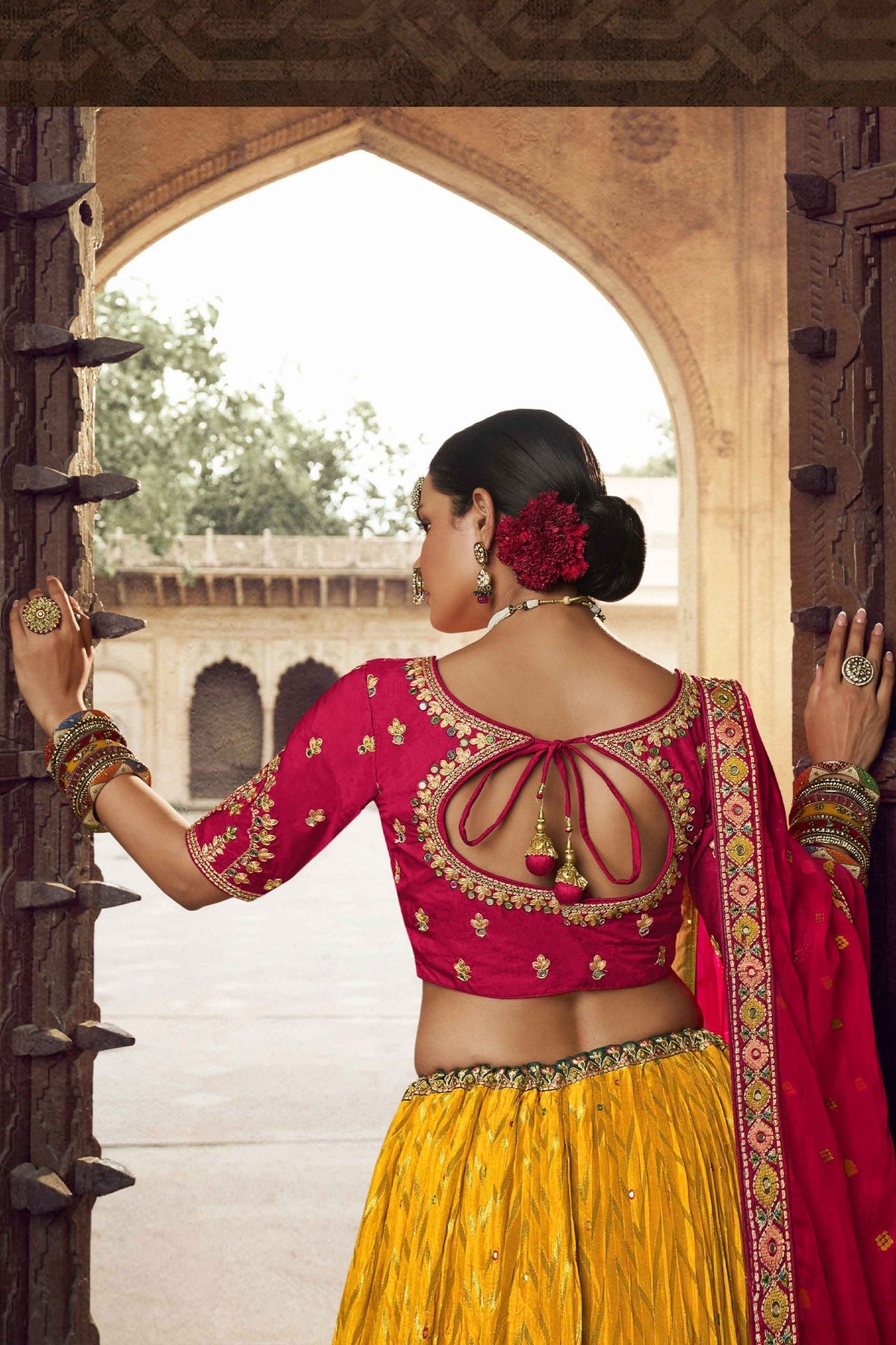Mustard Woven Chevron Design Lehenga in Viscose with Elephant Motifs On Contrast Border - mustard viscose saree