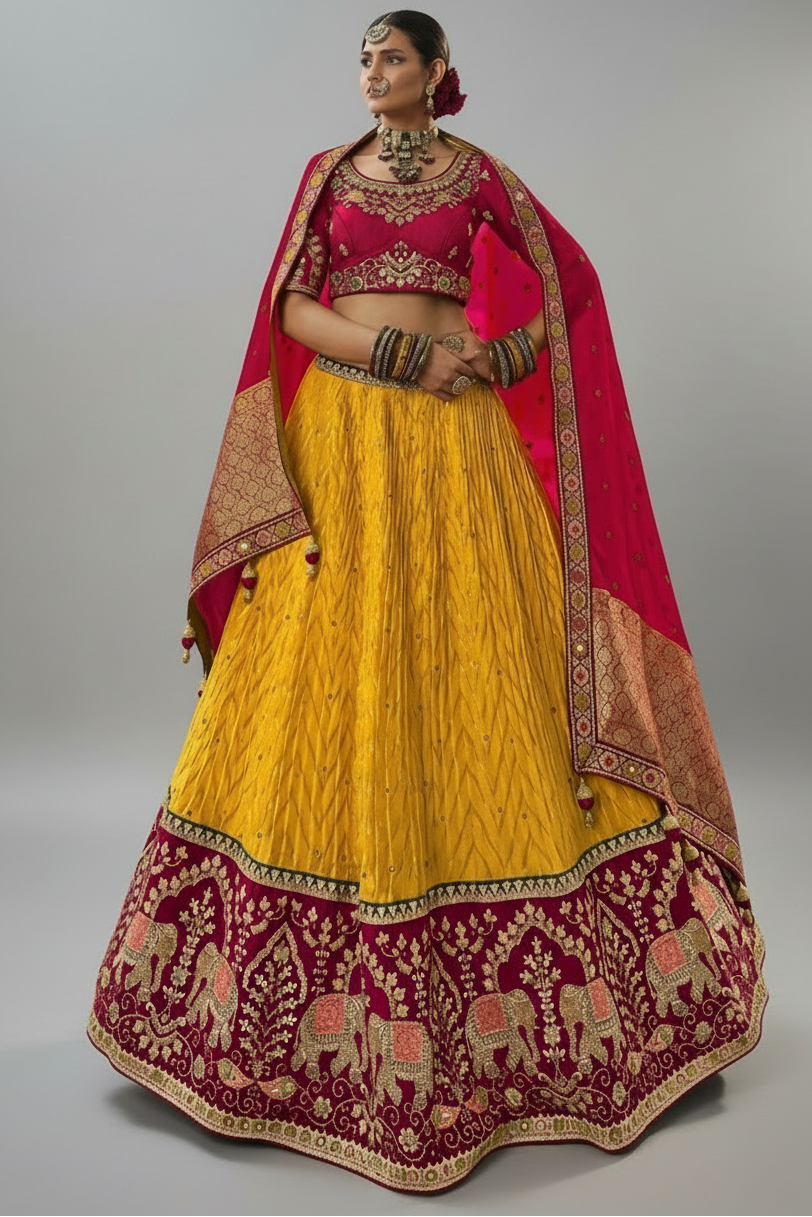 Mustard Woven Chevron Design Lehenga in Viscose with Elephant Motifs On Contrast Border - mustard viscose saree