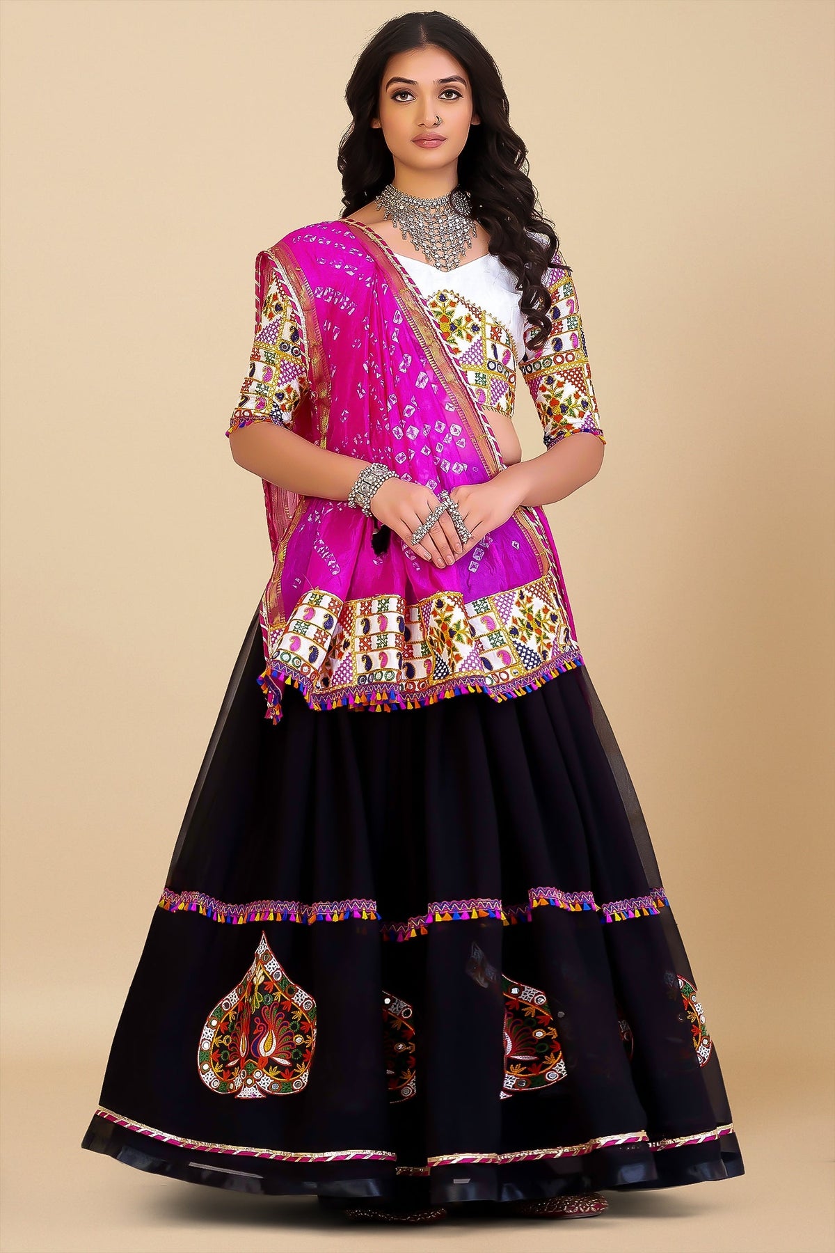 Black Georgette Thread Embroidered Patch Work Chaniya Choli