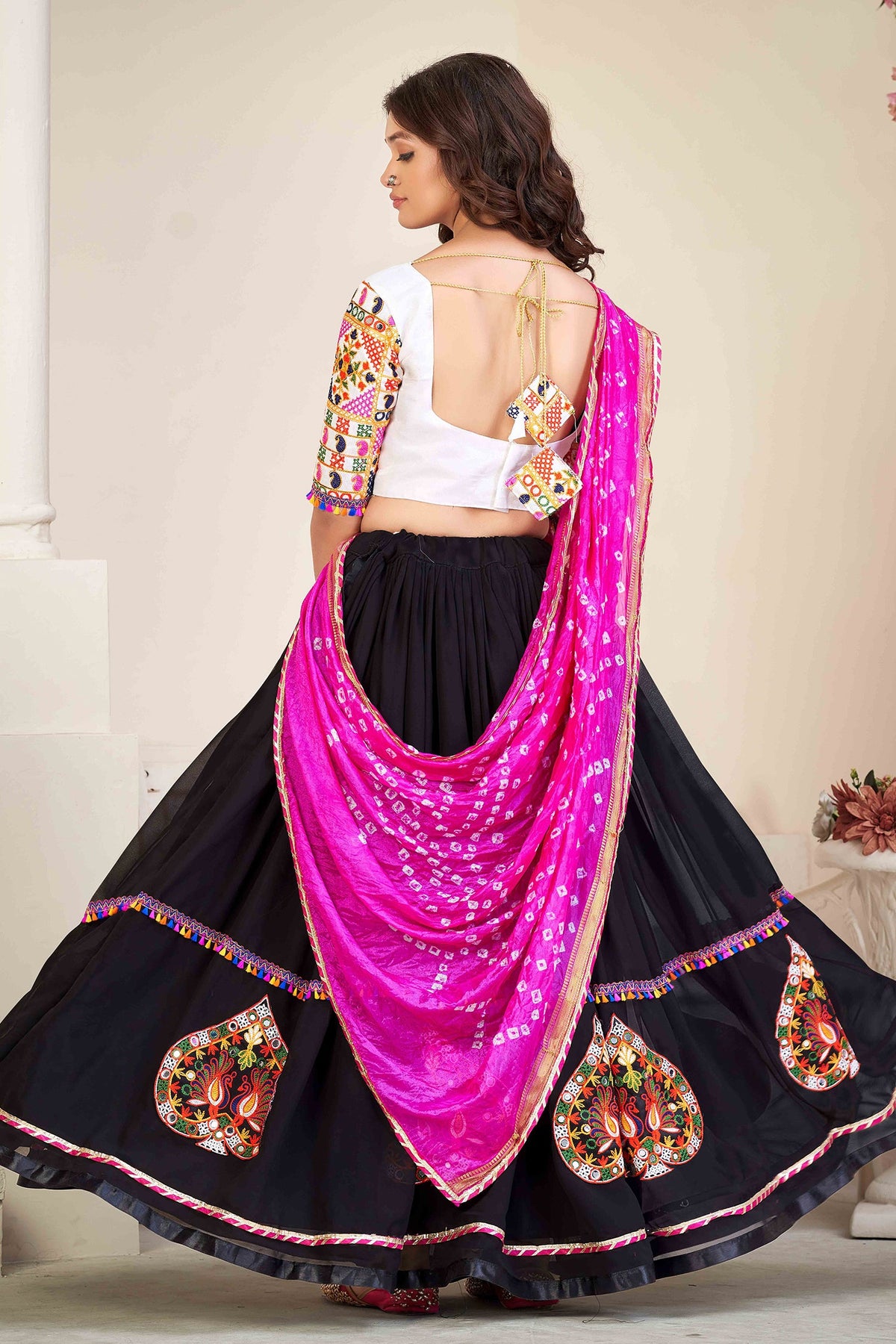 Black Georgette Thread Embroidered Patch Work Chaniya Choli