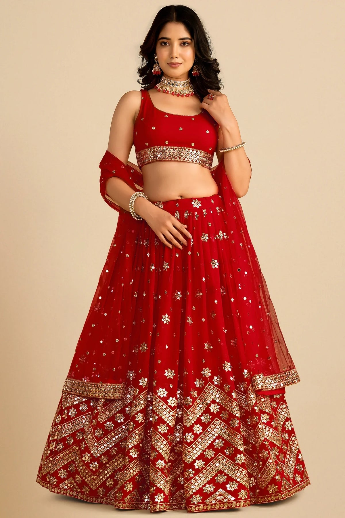 Red Georgette Lehenga with Chevron Sequin Border - red georgette saree