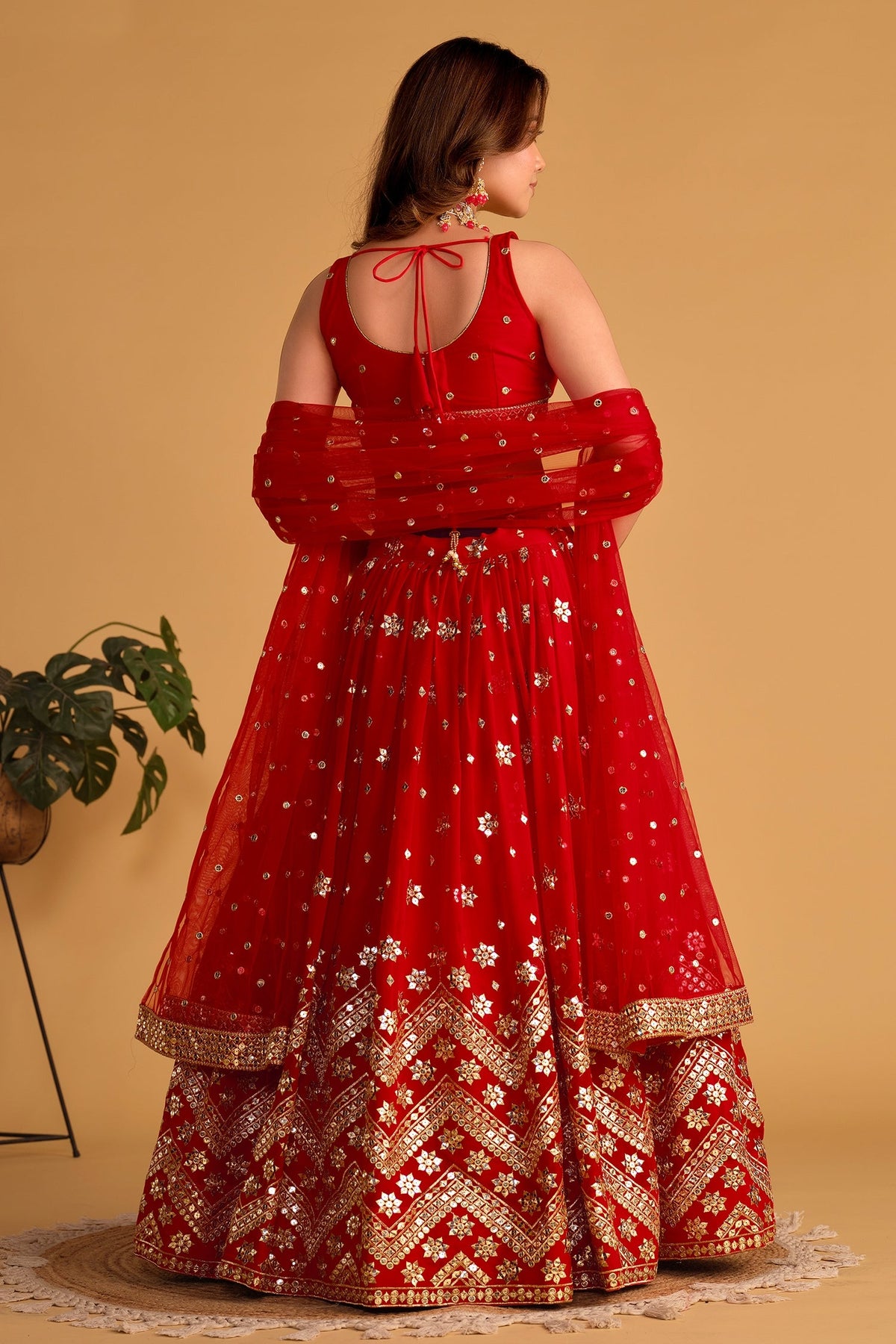 Red Georgette Lehenga with Chevron Sequin Border - red georgette saree