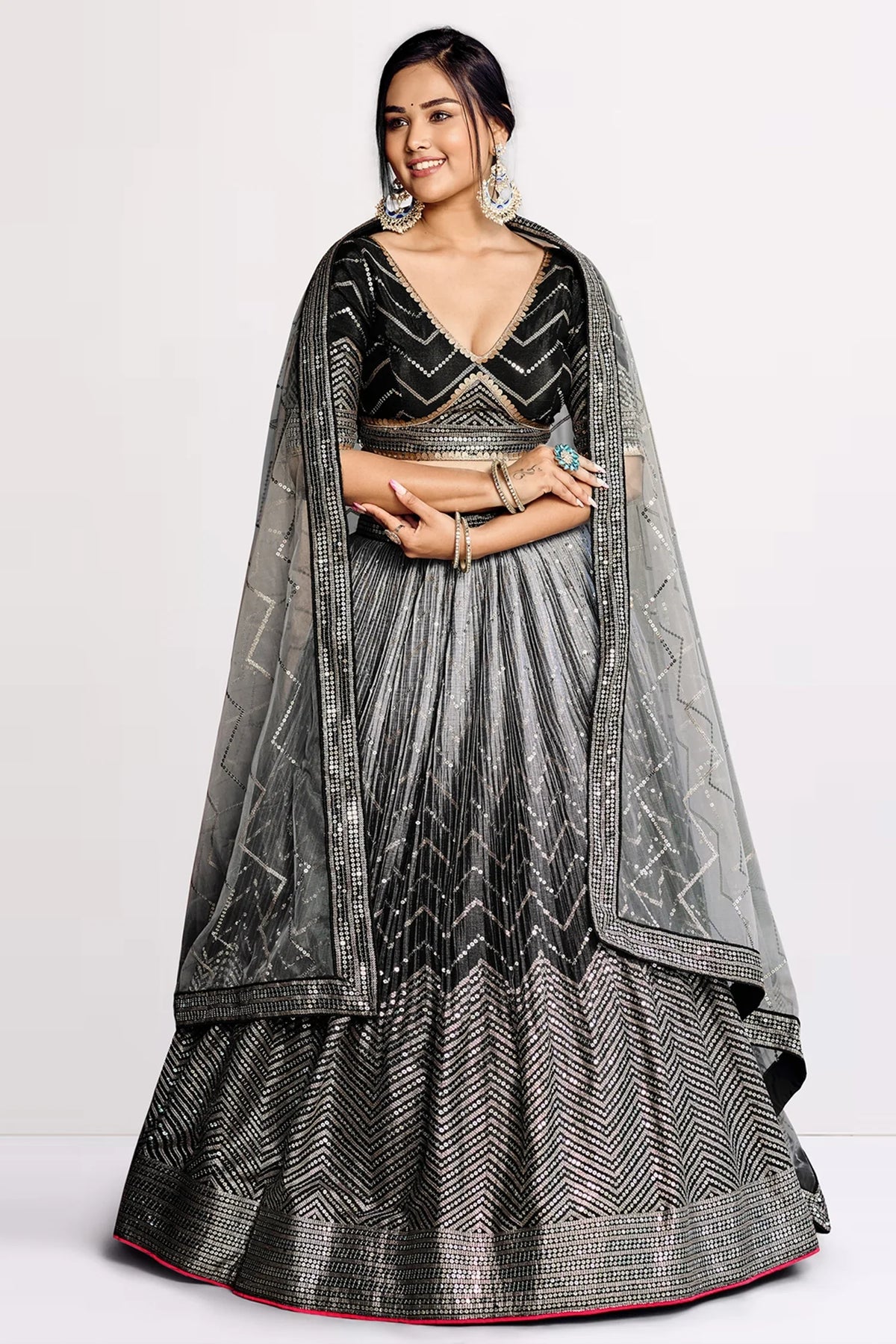 Black Ombre Chinon Chevron Sequinned Worked Lehenga
