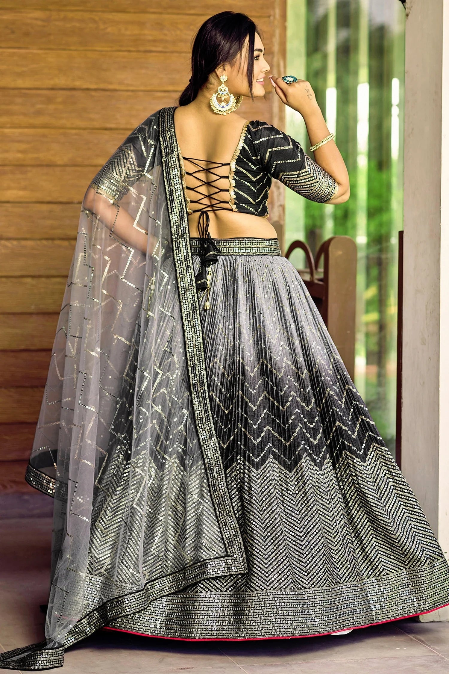 Black Ombre Chinon Chevron Sequinned Worked Lehenga