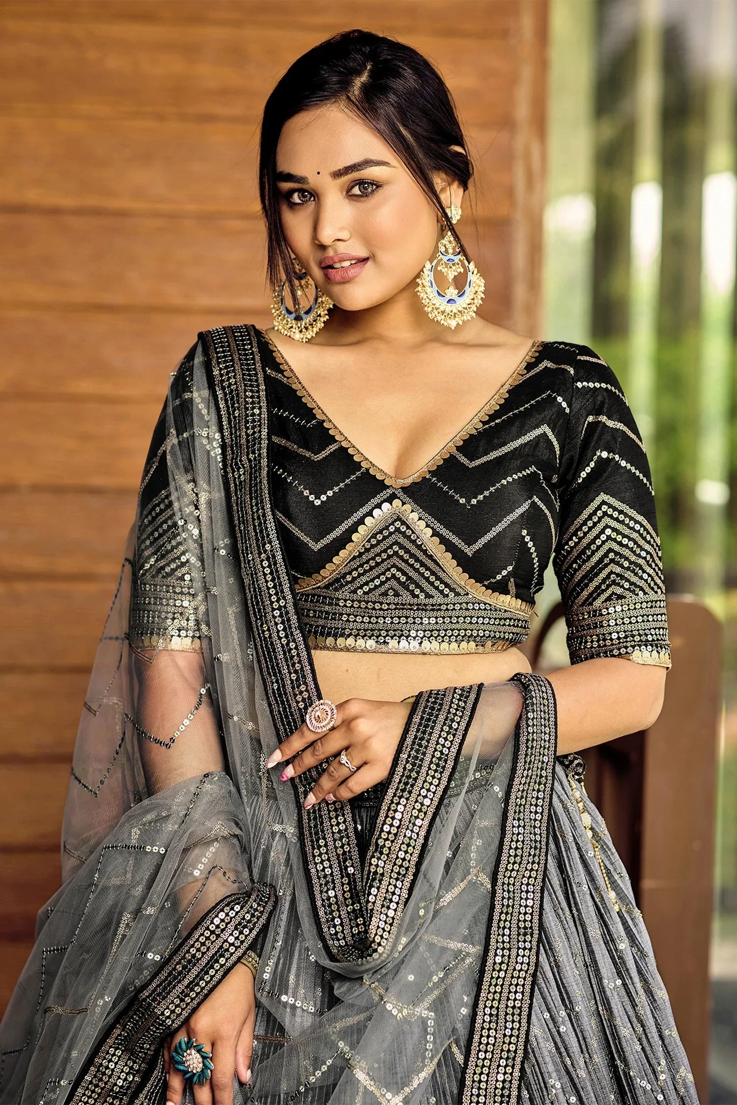 Black Ombre Chinon Chevron Sequinned Worked Lehenga