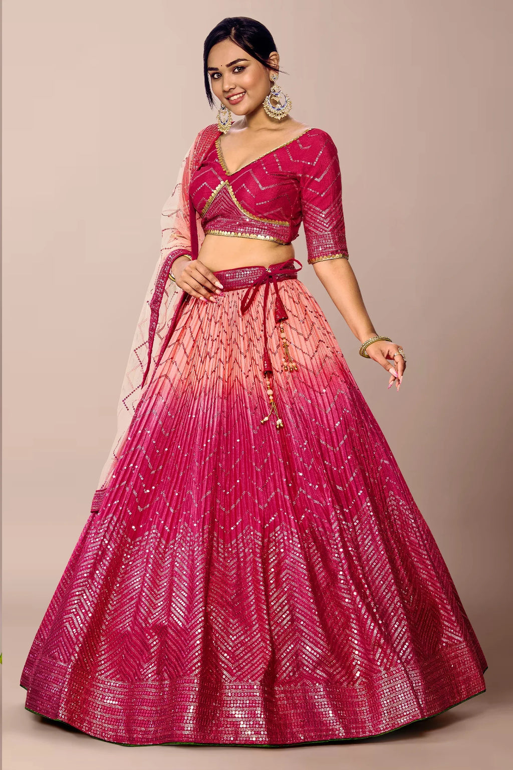 Pink Ombre Chinon Chevron Sequin Work Lehenga - pink saree