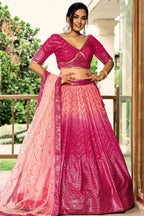 Pink Ombre Chinon Chevron Sequin Work Lehenga - pink saree