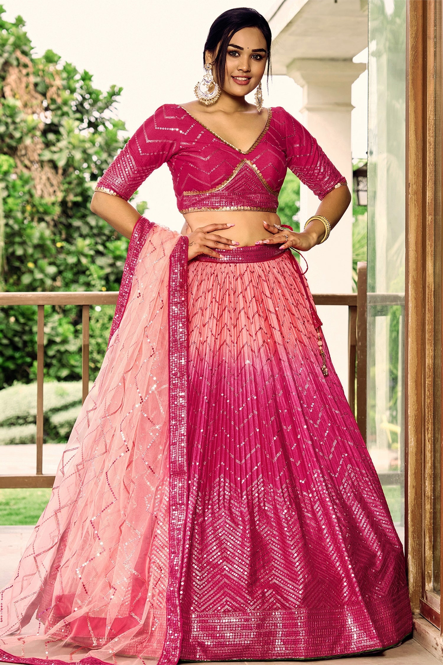 Pink Ombre Chinon Chevron Sequin Work Lehenga - pink saree