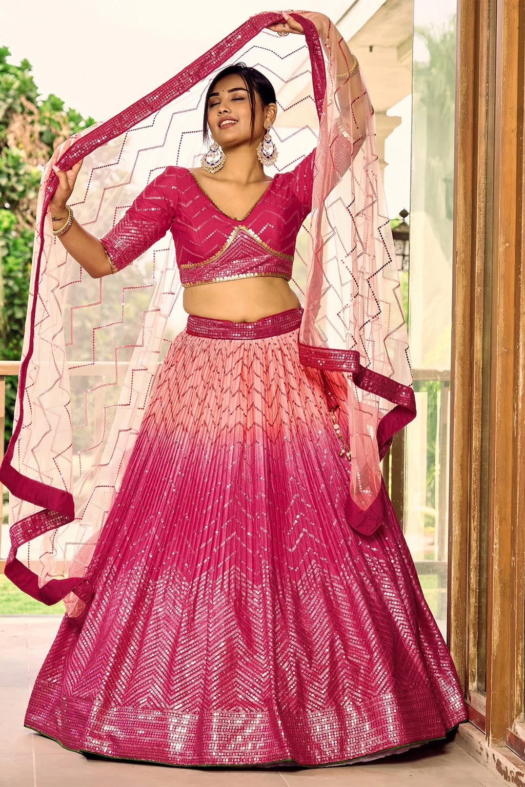 Pink Ombre Chinon Chevron Sequin Work Lehenga - pink saree