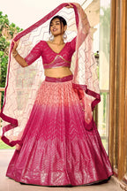 Pink Ombre Chinon Chevron Sequin Work Lehenga - pink saree