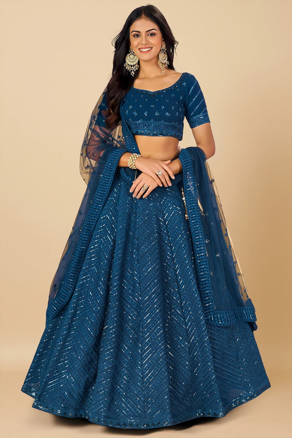 Rama Blue Georgette Sequin Embroidered Lehenga - red georgette saree embroidered
