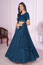 Rama Blue Georgette Sequin Embroidered Lehenga - red georgette saree embroidered