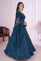 Rama Blue Georgette Sequin Embroidered Lehenga - red georgette saree embroidered