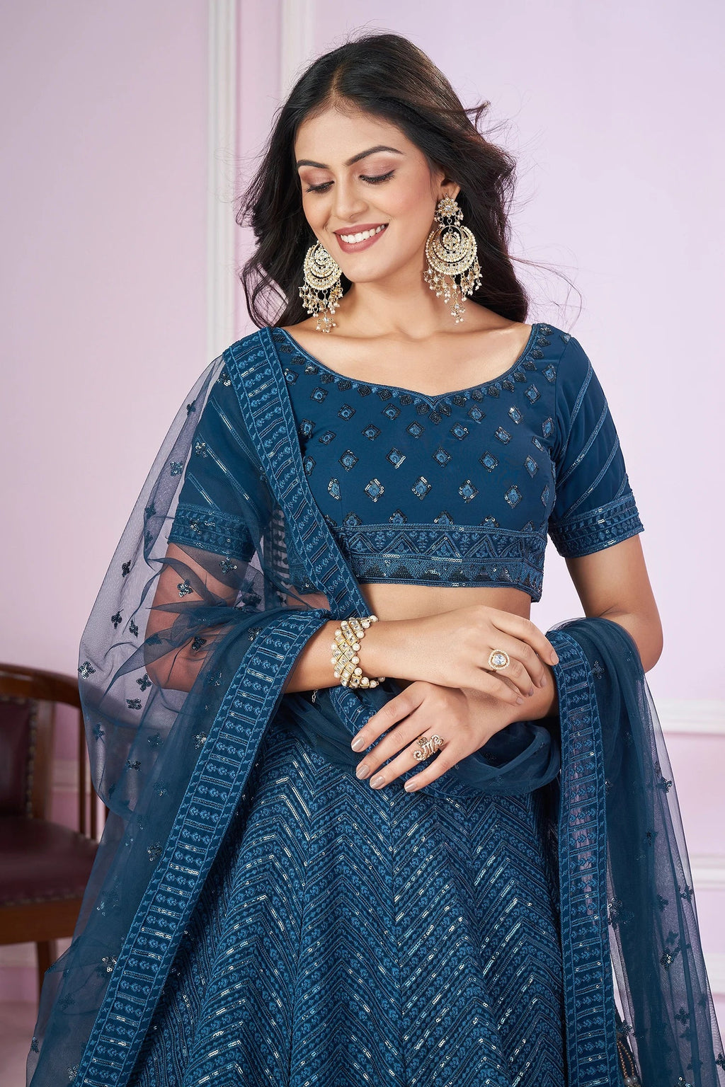 Rama Blue Georgette Sequin Embroidered Lehenga - red georgette saree embroidered