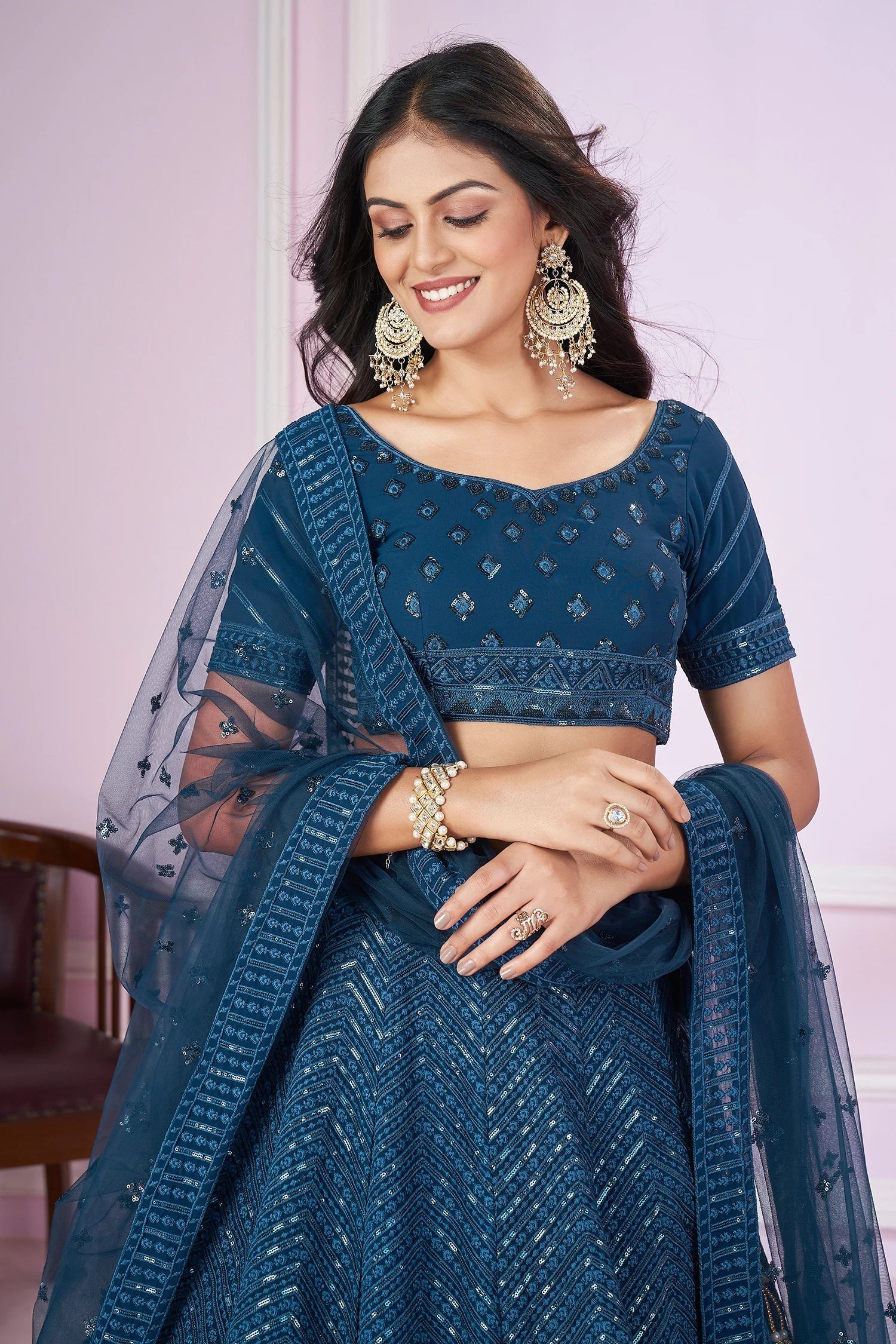 Rama Blue Georgette Sequin Embroidered Lehenga - red georgette saree embroidered
