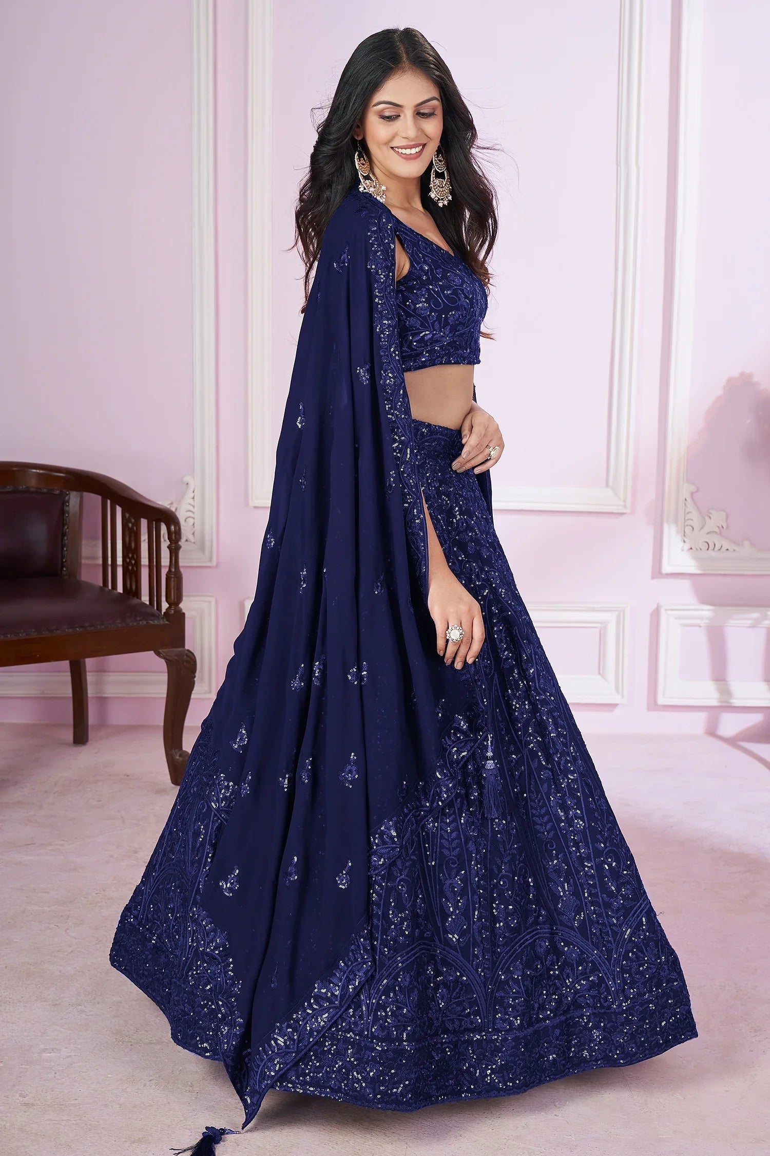 Blue Georgette Sequinned Lehenga - blue georgette saree