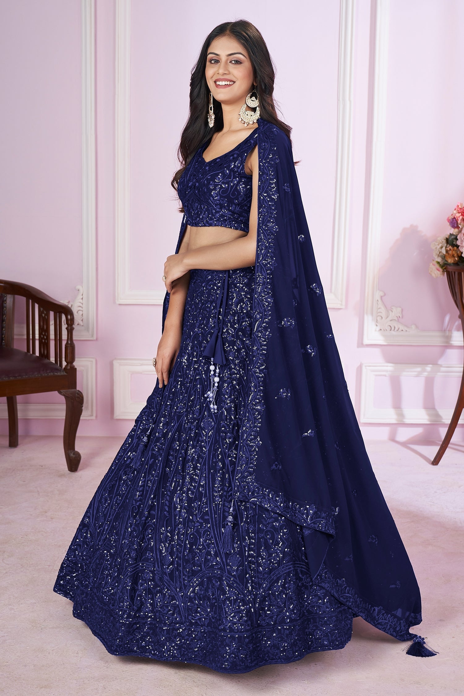 Blue Georgette Sequinned Lehenga - blue georgette saree