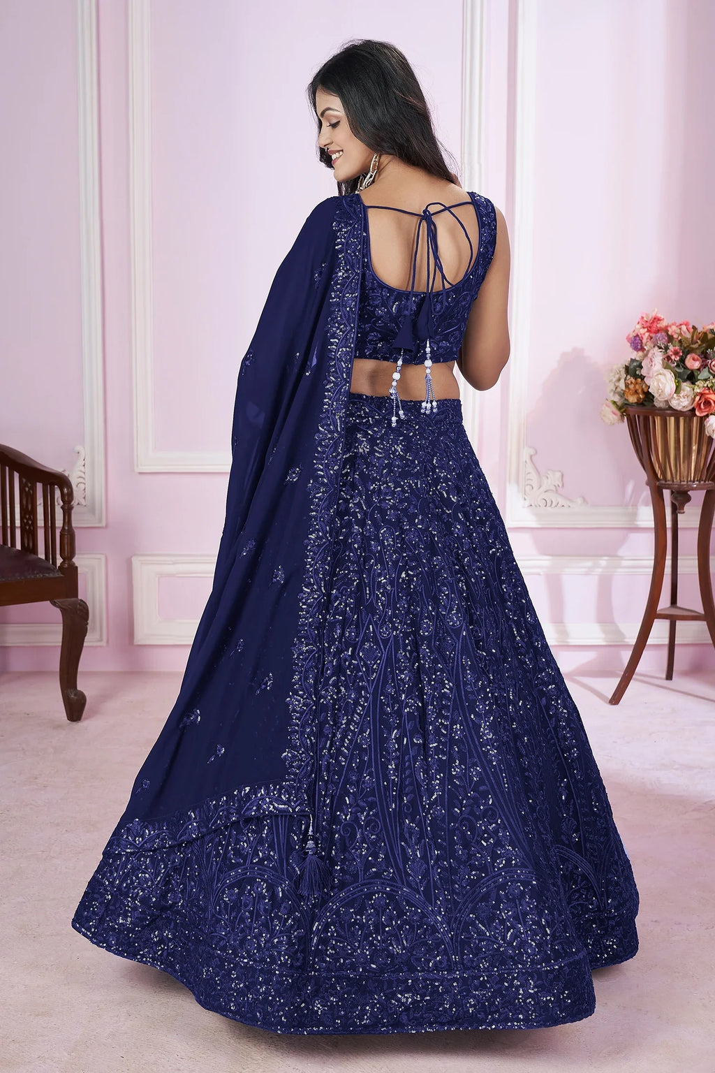 Blue Georgette Sequinned Lehenga - blue georgette saree