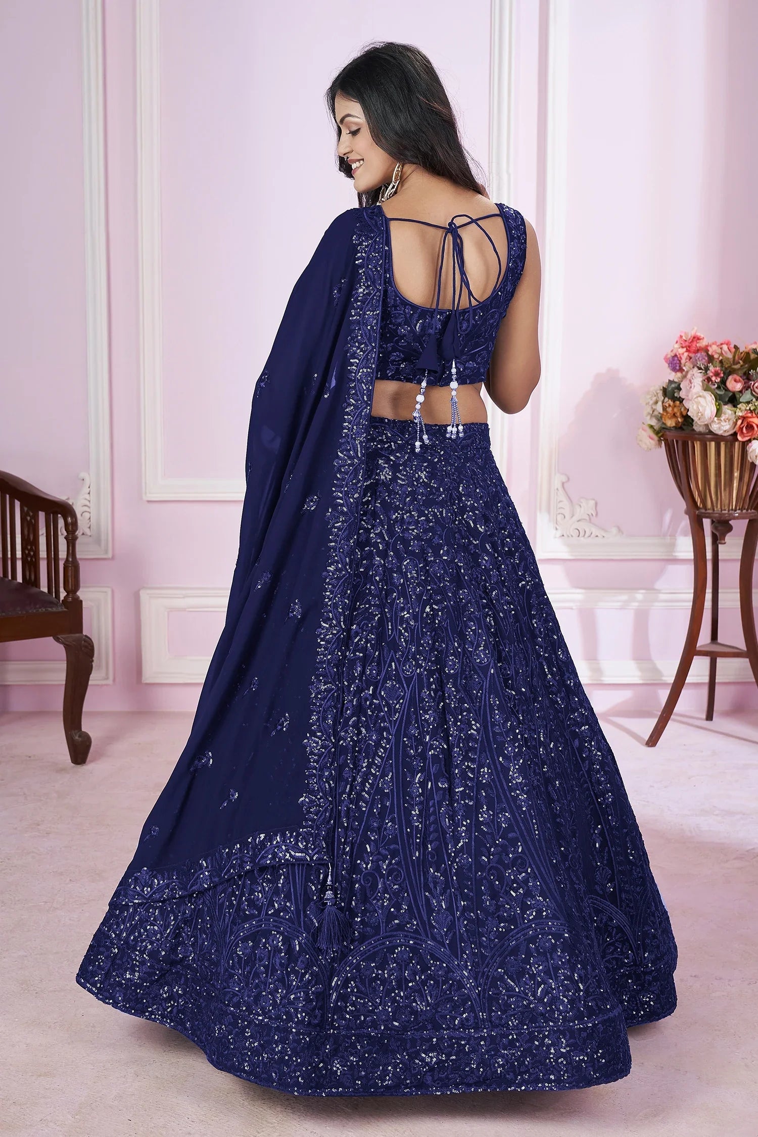 Blue Georgette Sequinned Lehenga - blue georgette saree