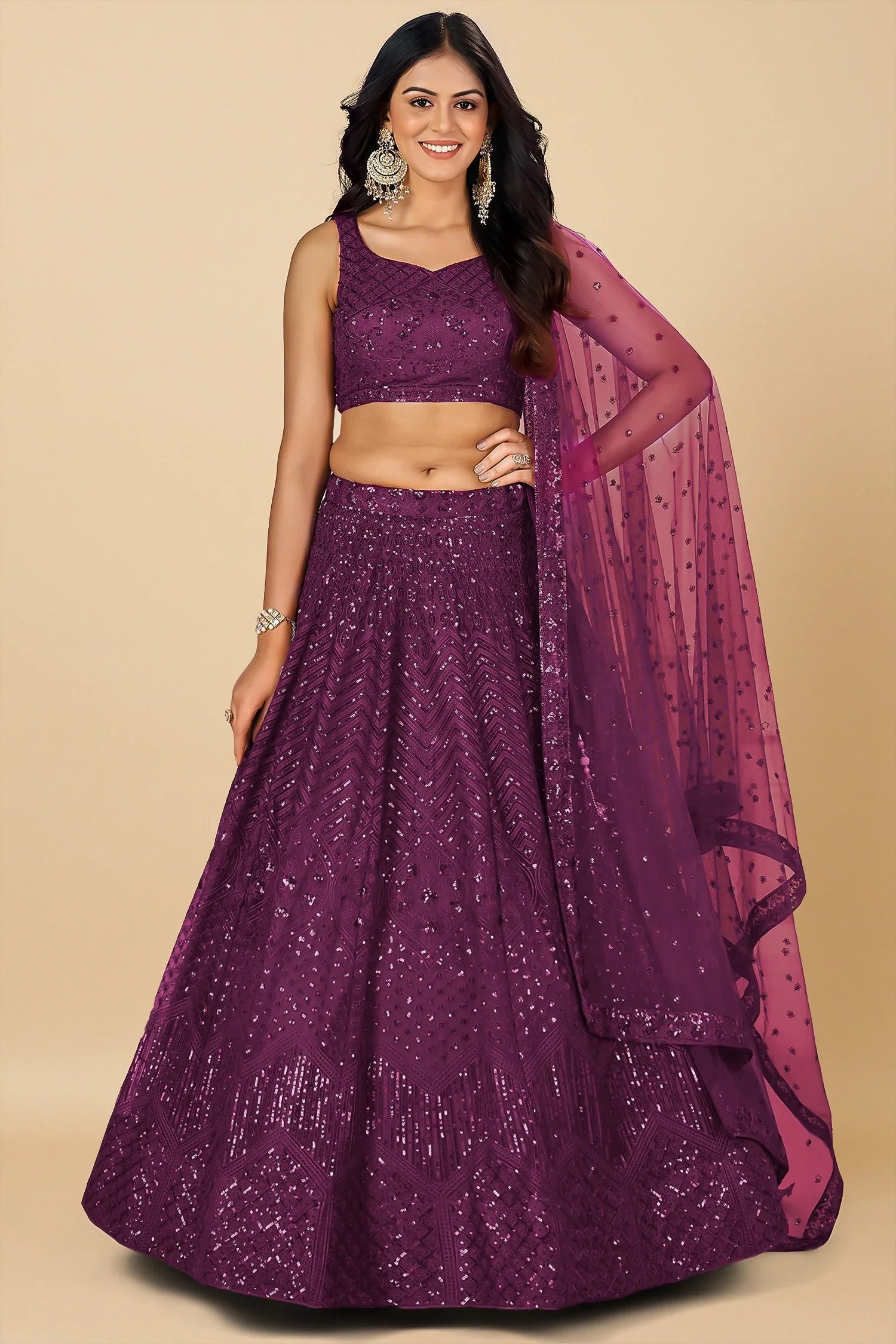 Wine Net Sequinned Lehenga - net saree